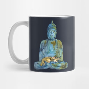 Watercolor Buddha Statue with Sleeping Tabby Cat Mug